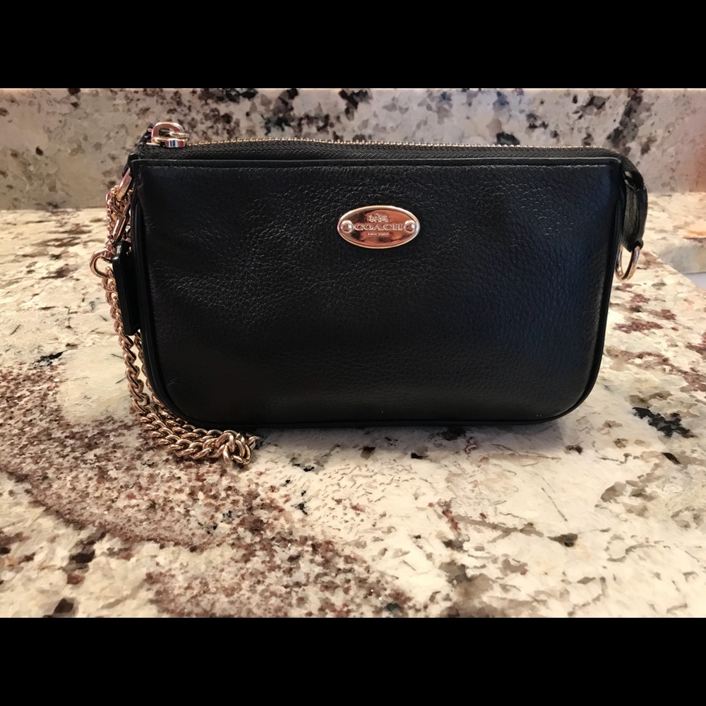 Coach black leather wristlet with gold chain
